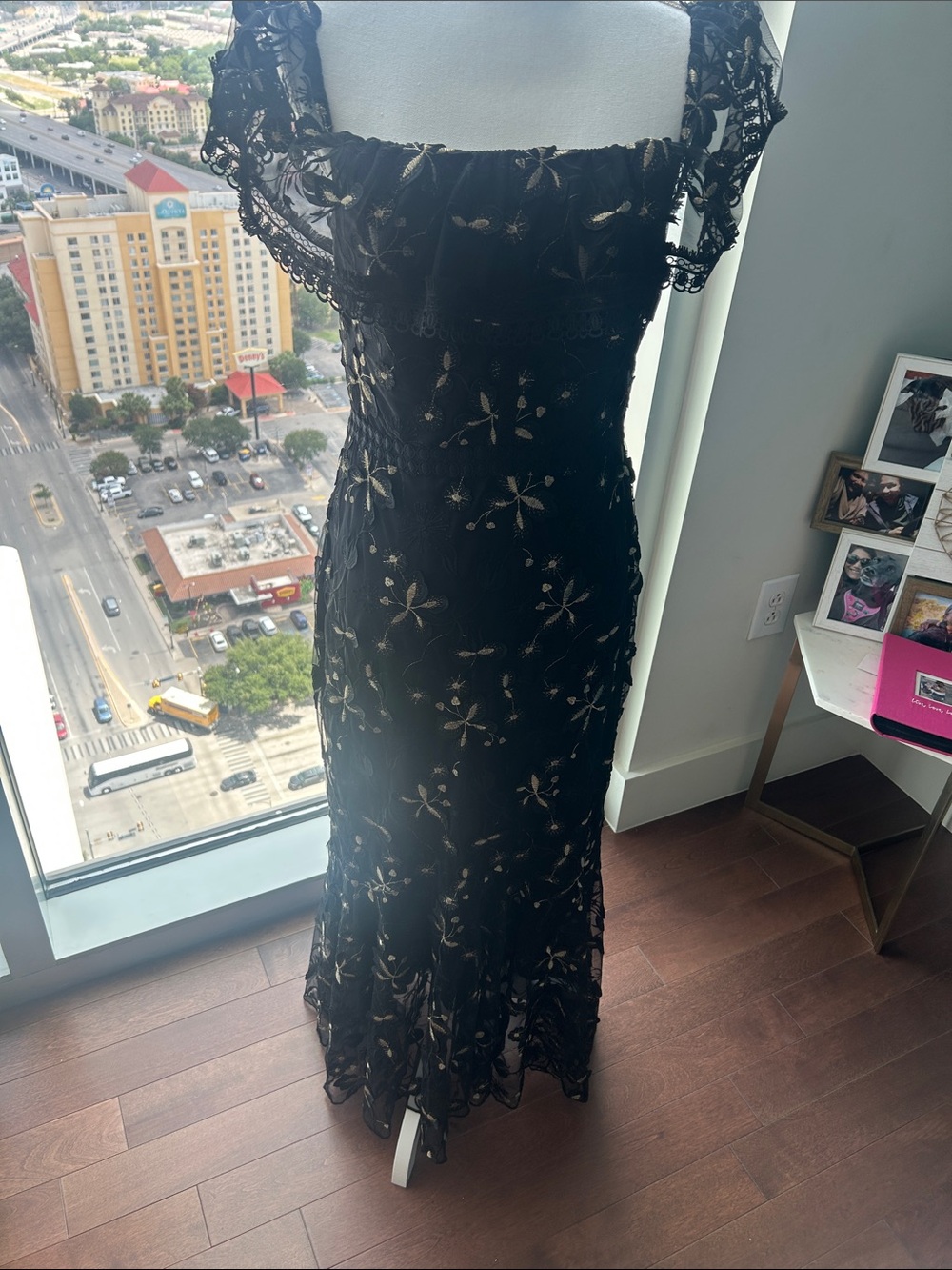 Shoshanna Black Maxi Dress with Gold Floral Embroidery